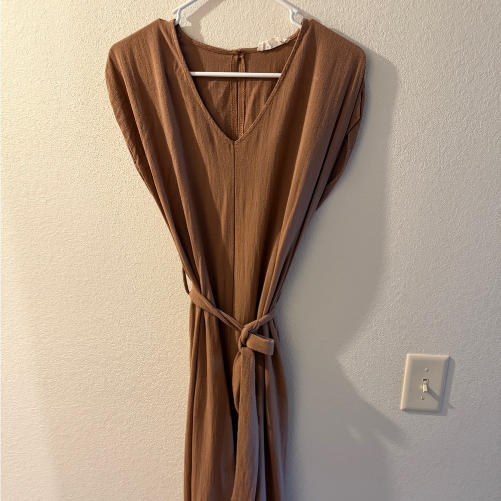 Tan V-Neck Jumpsuit with Tie Waist